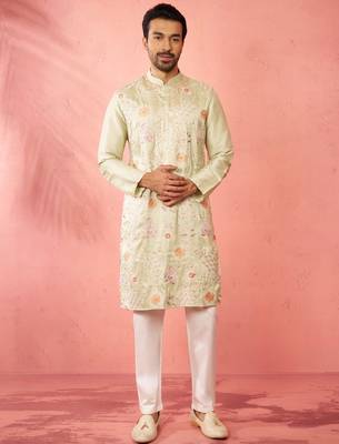 men's light green silk blend kurta with cream pyjama - festive embroidered set 3