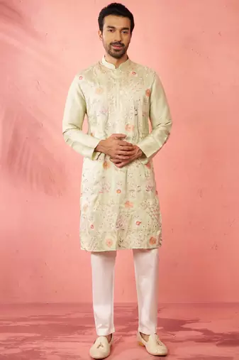 men's light green silk blend kurta with cream pyjama - festive embroidered set
