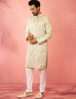 men's light green silk blend kurta with cream pyjama - festive embroidered set 4