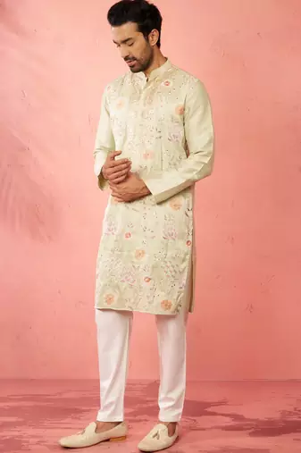 men's light green silk blend kurta with cream pyjama - festive embroidered set