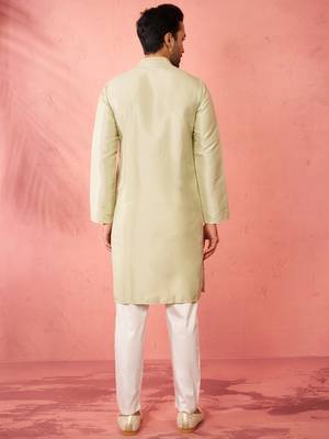 men's light green silk blend kurta with cream pyjama - festive embroidered set 5