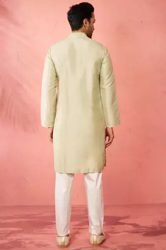 men's light green silk blend kurta with cream pyjama - festive embroidered set