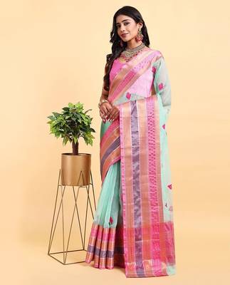green cotton silk blend saree with red & green border 1