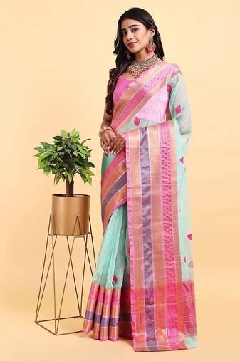 elegant green cotton silk blend saree with red & green border