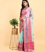 green cotton silk blend saree with red & green border