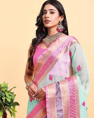 green cotton silk blend saree with red & green border 2