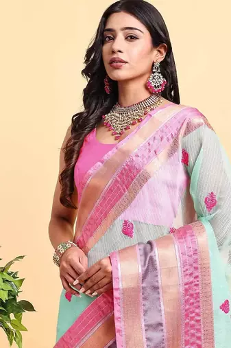 green cotton silk blend saree with red & green border