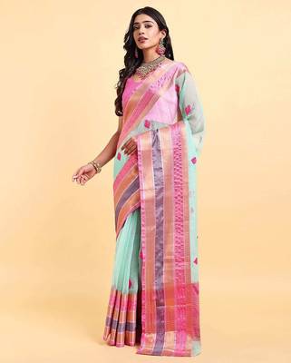 green cotton silk blend saree with red & green border 3