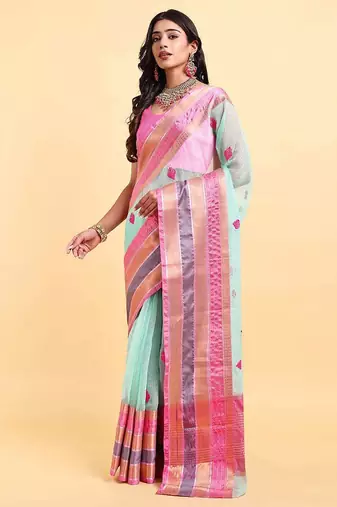 green cotton silk blend saree with red & green border