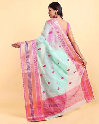 green cotton silk blend saree with red & green border 4