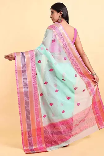 green cotton silk blend saree with red & green border