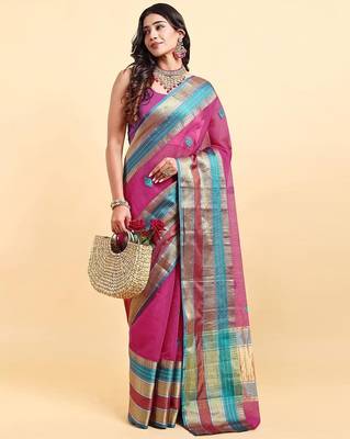 pink cotton silk blend saree with red & green border 1