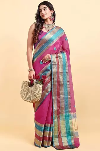 elegant pink cotton silk blend saree with red & green border