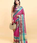 pink cotton silk blend saree with red & green border