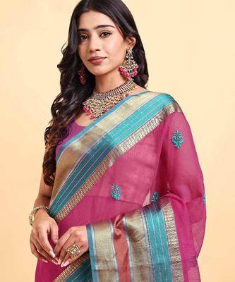 pink cotton silk blend saree with red & green border 2