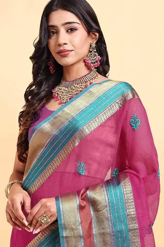 pink cotton silk blend saree with red & green border