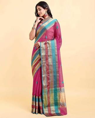 pink cotton silk blend saree with red & green border 3
