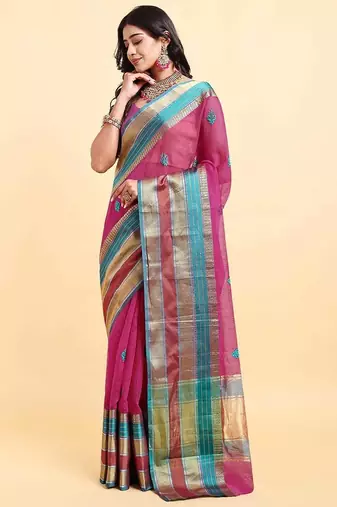 pink cotton silk blend saree with red & green border