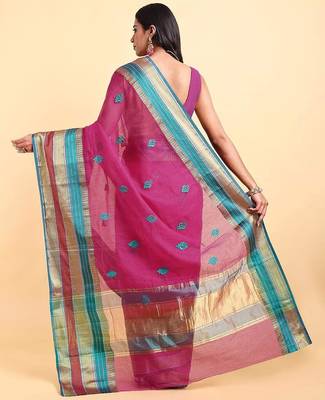 pink cotton silk blend saree with red & green border 4