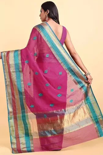 pink cotton silk blend saree with red & green border