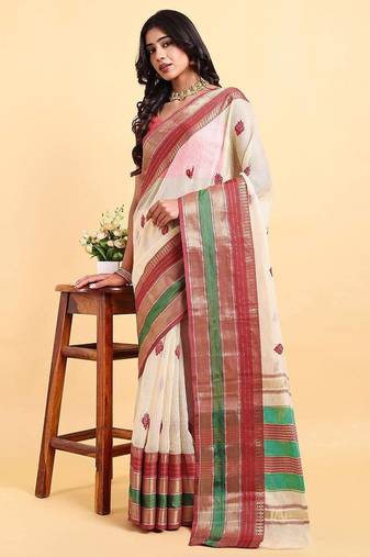 elegant white cotton silk blend saree with red & green border