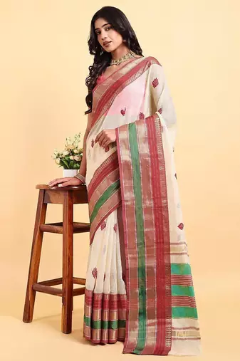 elegant white cotton silk blend saree with red & green border