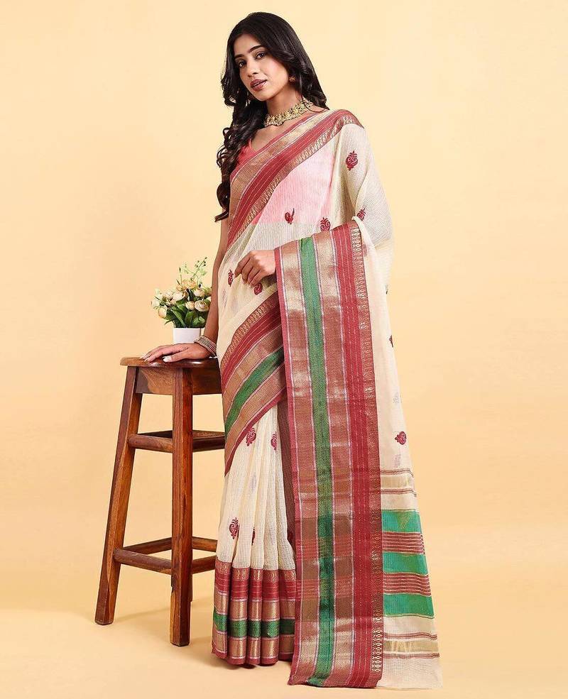 elegant white cotton silk blend saree with red & green border