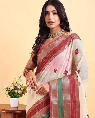 white cotton silk blend saree with red & green border 2