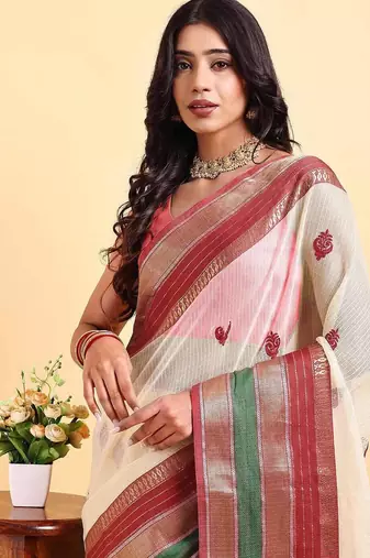 white cotton silk blend saree with red & green border