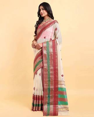 white cotton silk blend saree with red & green border 3
