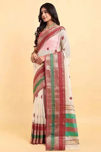 white cotton silk blend saree with red & green border
