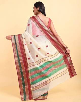 white cotton silk blend saree with red & green border 4