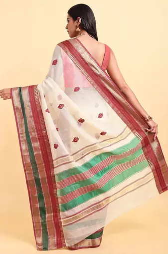 white cotton silk blend saree with red & green border