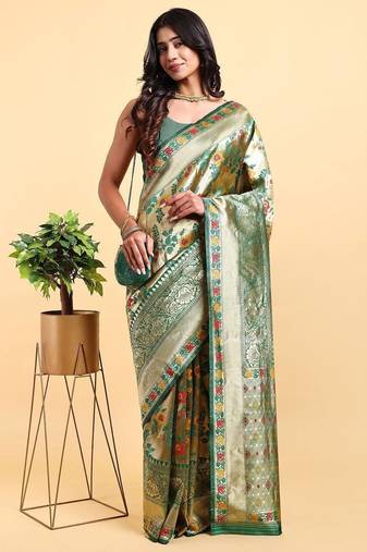 green banarasi silk blend saree with rich floral zari weaving