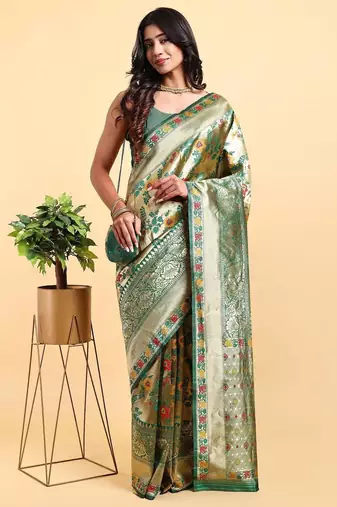 green banarasi silk blend saree with rich floral zari weaving