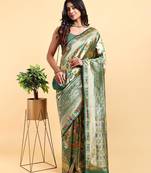 green banarasi silk blend saree with rich floral zari weaving