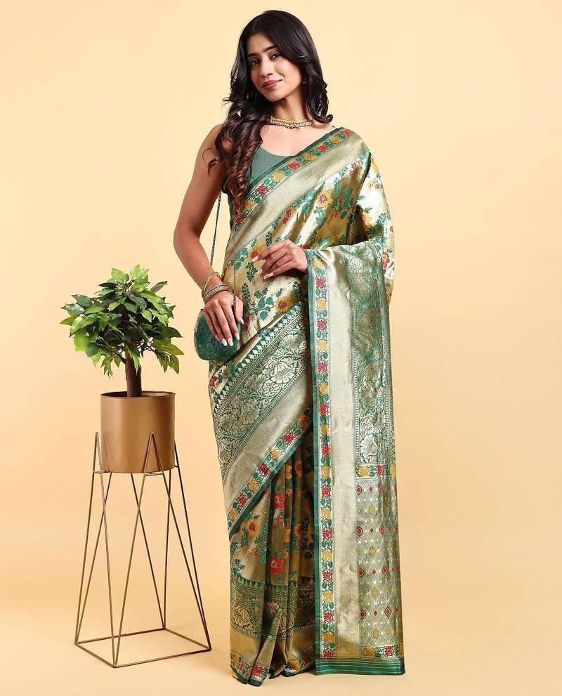 green banarasi silk blend saree with rich floral zari weaving