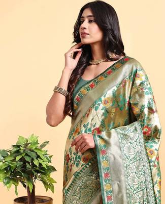 green banarasi silk blend saree with rich floral zari weaving 2
