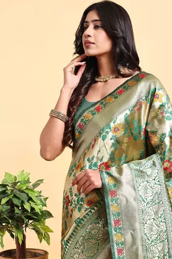 green banarasi silk blend saree with rich floral zari weaving