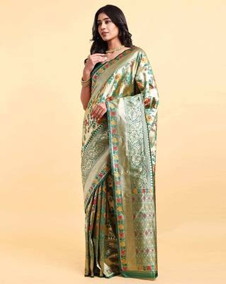 green banarasi silk blend saree with rich floral zari weaving 3