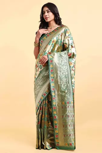 green banarasi silk blend saree with rich floral zari weaving