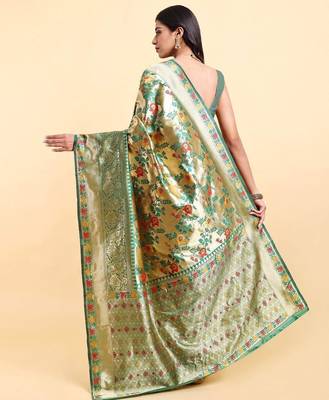 green banarasi silk blend saree with rich floral zari weaving 4
