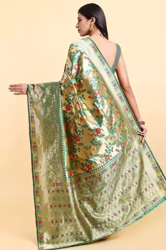 green banarasi silk blend saree with rich floral zari weaving