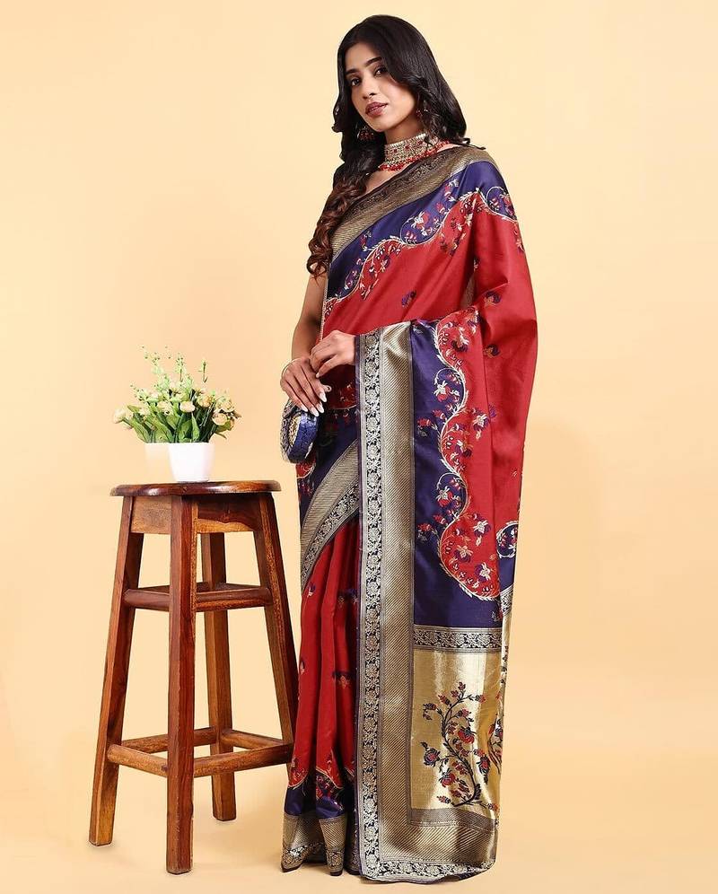 red banarasi silk blend saree with rich floral zari weaving