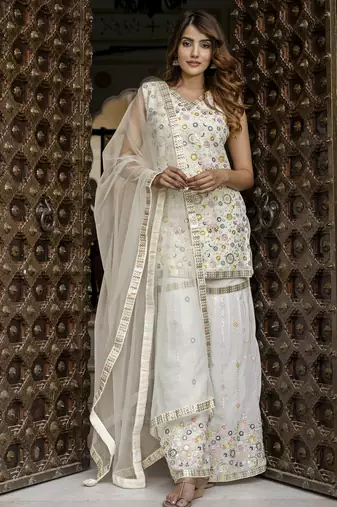 Georgette Embroidery work Kurta Sharara Set with Dupatta Kurta Set for Women