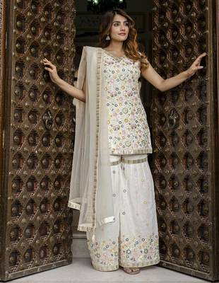 Georgette Embroidery work Kurta Sharara Set with Dupatta Kurta Set for Women 3