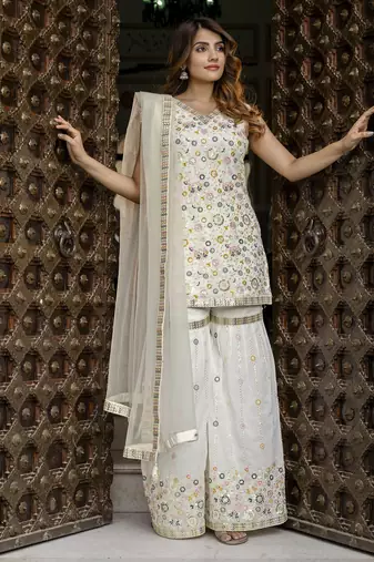 Trendmalls Georgette Embroidery work Kurta Sharara Set with Dupatta Kurta Set for Women