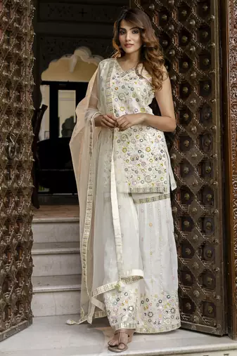 Trendmalls Georgette Embroidery work Kurta Sharara Set with Dupatta Kurta Set for Women