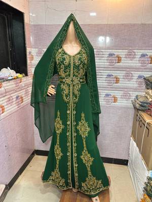  Emerald Green Moroccan Stitched Kaftan with Golden Hand Embroidery & Dupatta 1