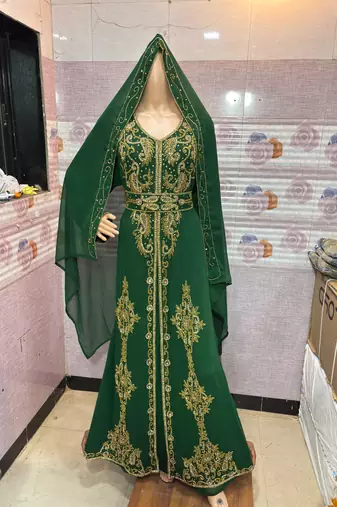 Emerald Green Moroccan Stitched Kaftan with Golden Hand Embroidery & Dupatta